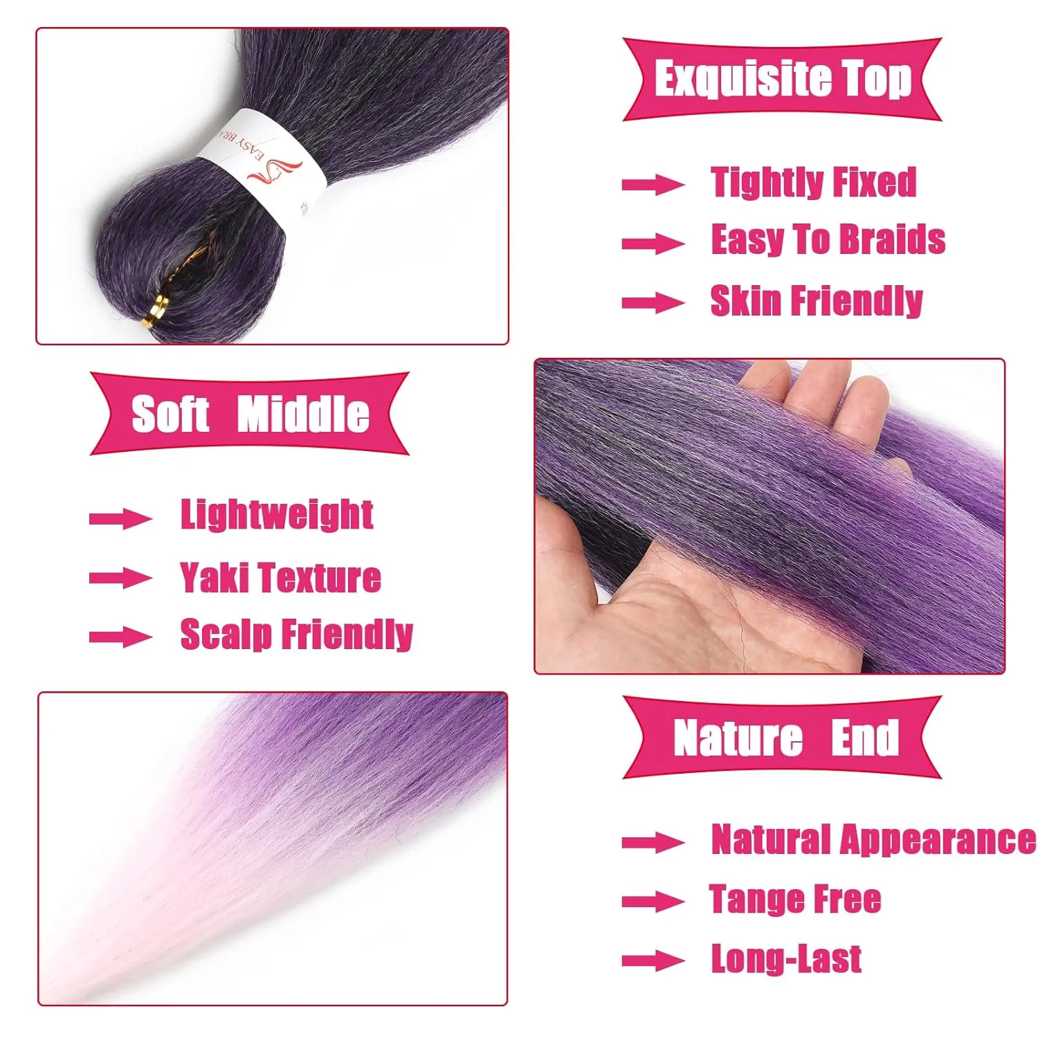 Black And Purple And Pink Braiding Hair Pre stretched 18 Inch 8 Packs Pre stretched Braiding Hair Yaki Texture Synthetic Hair Extension Itch Free Hot Water Setting(18", T1B/Purple/Pink)