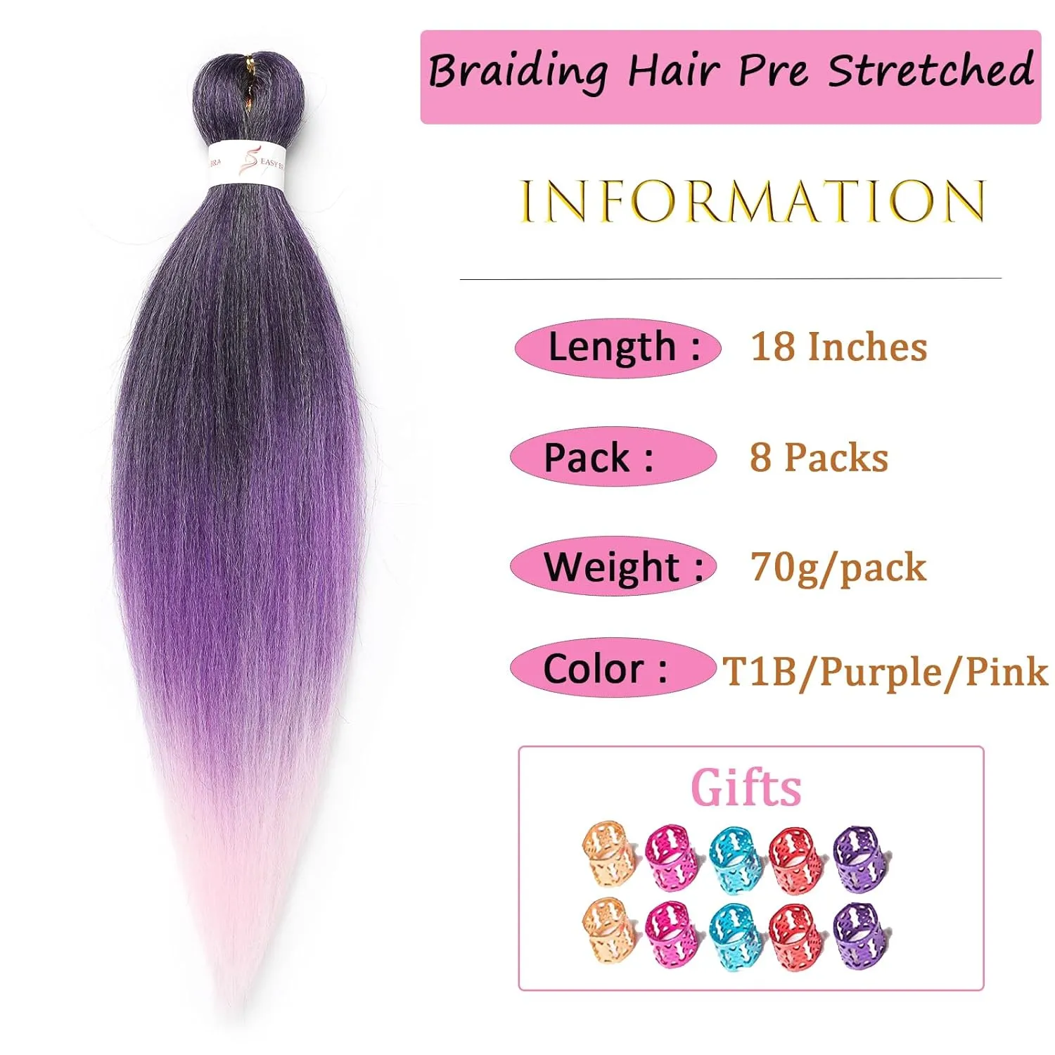 Black And Purple And Pink Braiding Hair Pre stretched 18 Inch 8 Packs Pre stretched Braiding Hair Yaki Texture Synthetic Hair Extension Itch Free Hot Water Setting(18", T1B/Purple/Pink)