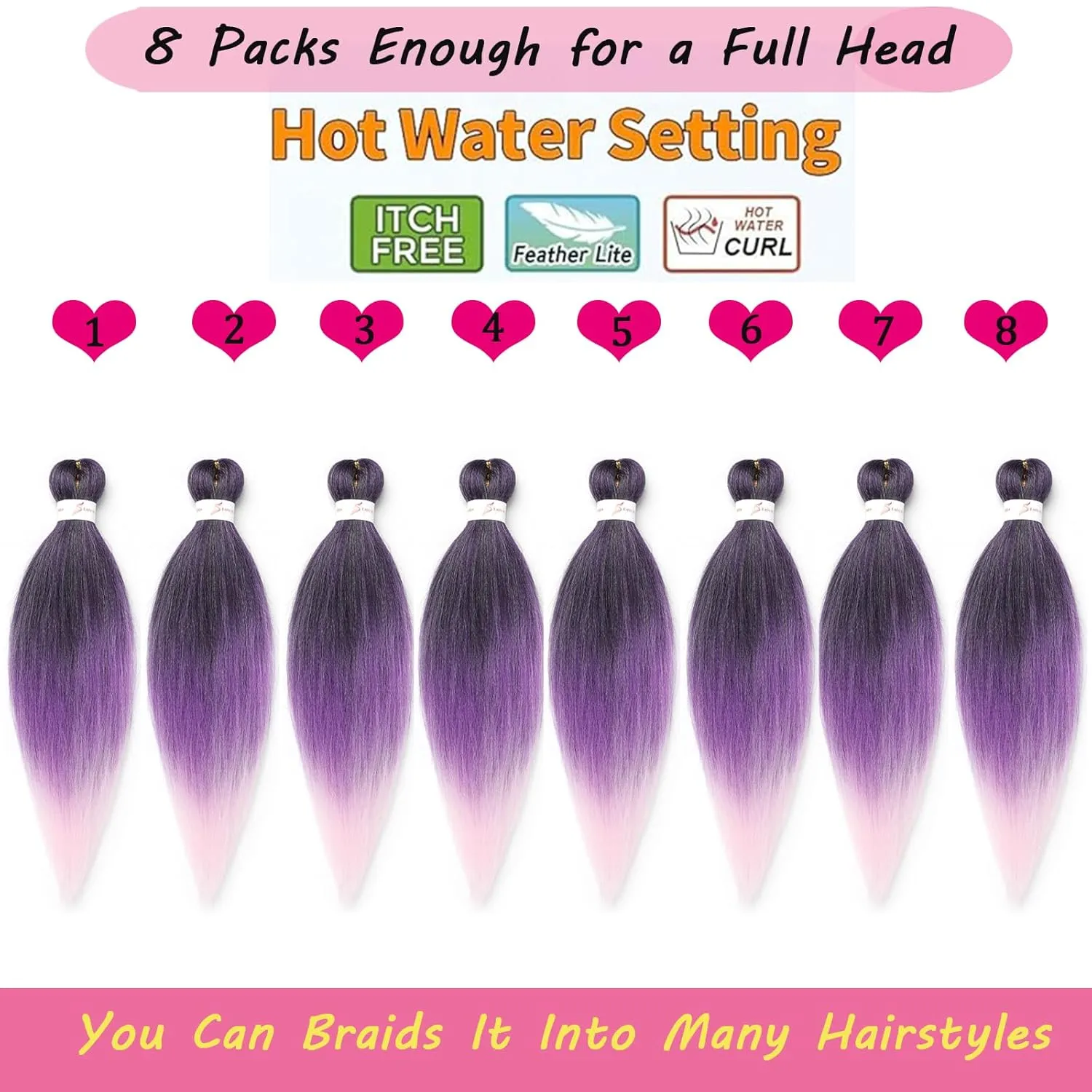 Black And Purple And Pink Braiding Hair Pre stretched 18 Inch 8 Packs Pre stretched Braiding Hair Yaki Texture Synthetic Hair Extension Itch Free Hot Water Setting(18", T1B/Purple/Pink)