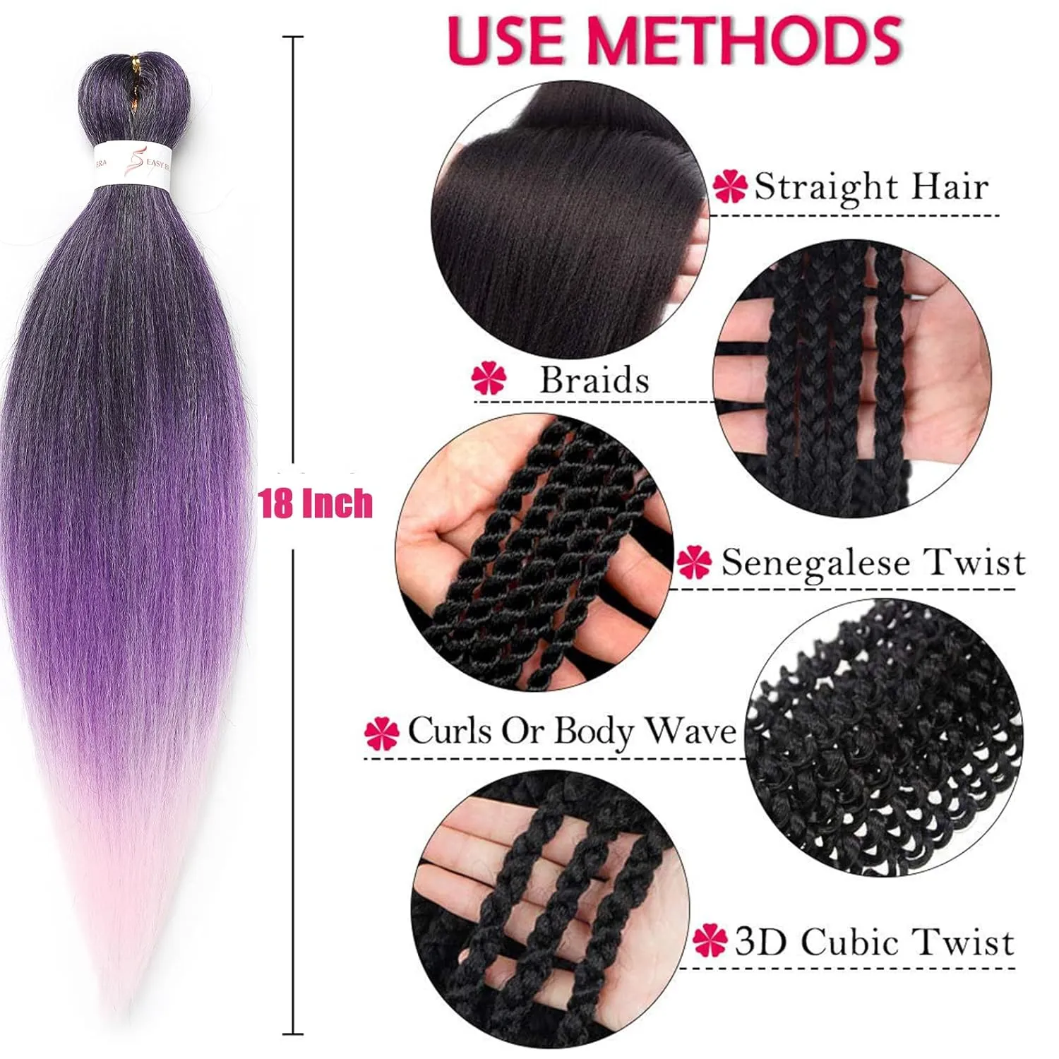 Black And Purple And Pink Braiding Hair Pre stretched 18 Inch 8 Packs Pre stretched Braiding Hair Yaki Texture Synthetic Hair Extension Itch Free Hot Water Setting(18", T1B/Purple/Pink)