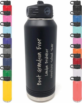 Black Personalized Water Bottle w/Straw & Lid, 32 oz | Custom Stainless Steel Sport Water Bottle, School Water Bottle w/Name and Text - Double-Wall, Vacuum Insulated Custom Water Bottle