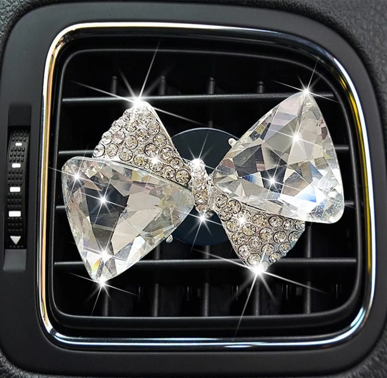 Bling Bow Vent Clips, Crystal Bow-Knot Car Diffuser Vent Clip Rhinestone Bow Car Accessories for Air Fresheners Car Interior Decor Crystal Car Decoration for Women(Silver)