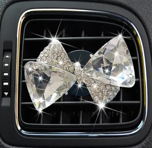 Bling Bow Vent Clips, Crystal Bow-Knot Car Diffuser Vent Clip Rhinestone Bow Car Accessories for Air Fresheners Car Interior Decor Crystal Car Decoration for Women(Silver)