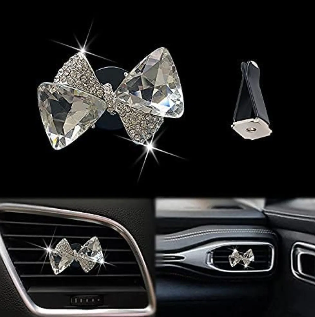 Bling Bow Vent Clips, Crystal Bow-Knot Car Diffuser Vent Clip Rhinestone Bow Car Accessories for Air Fresheners Car Interior Decor Crystal Car Decoration for Women(Silver)