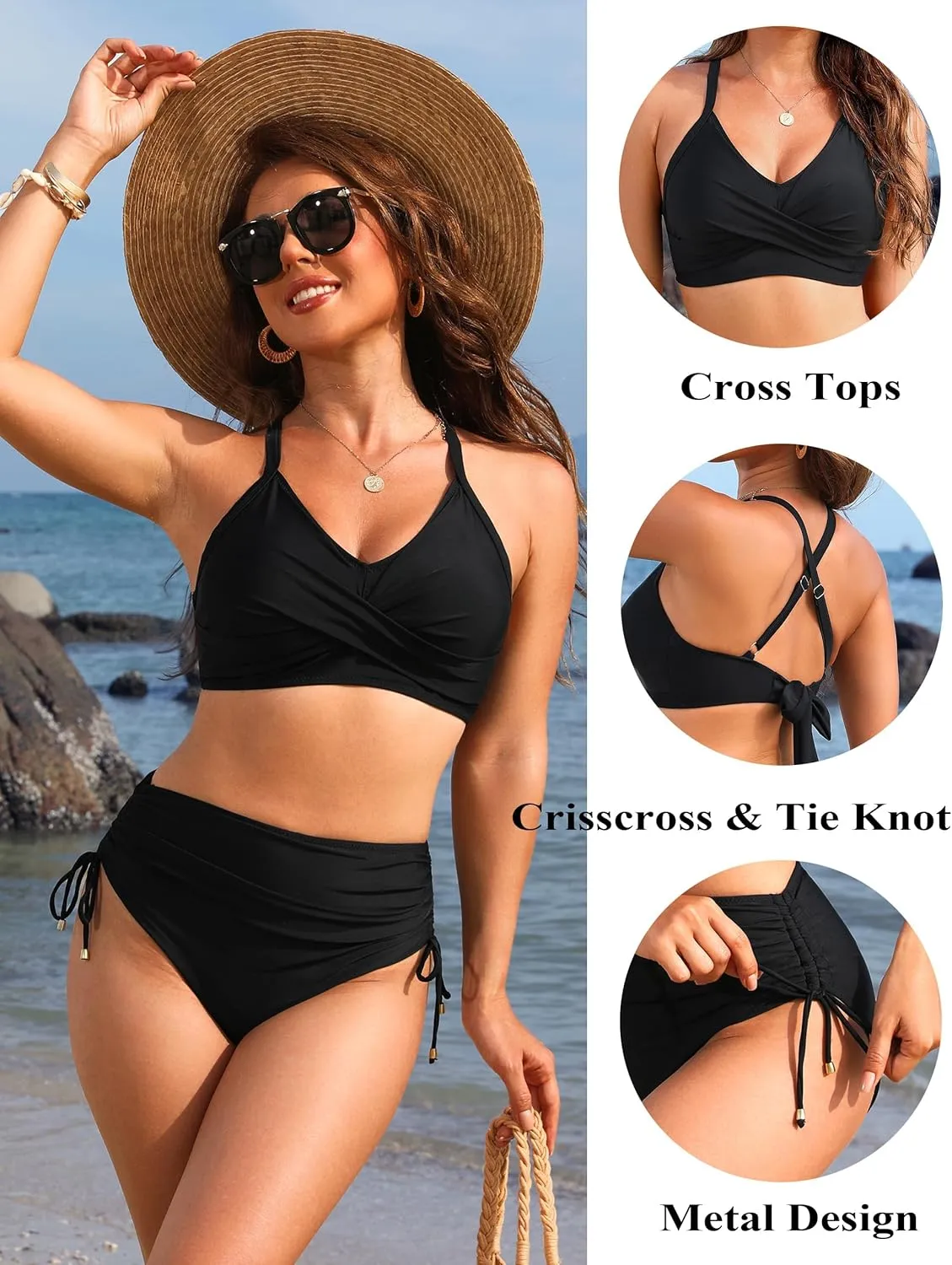 Blooming Jelly Womens High Waisted Bikini Sets Drawstring Tummy Control Swimsuits Crisscross Tie Back Bathing Suit