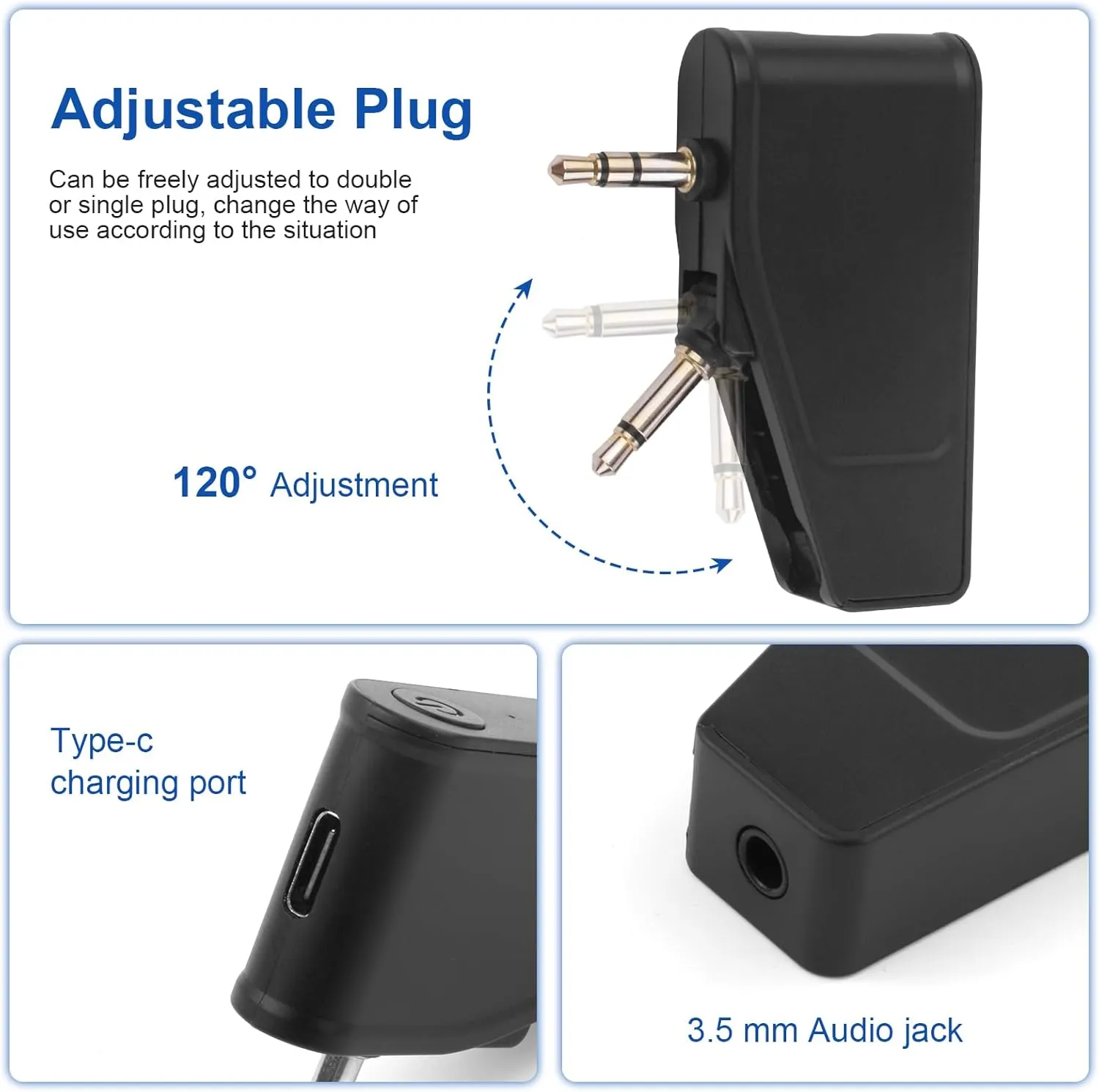 Bluetooth 5.3 Adapter for Wireless/Wired Headphones, 2 in 1 Airplane Bluetooth Adapter with 3.5mm Aux Jack Compatible with Airplane/Home TV/Gym/Boats/Car, Foldable Single/Double Gold Plug