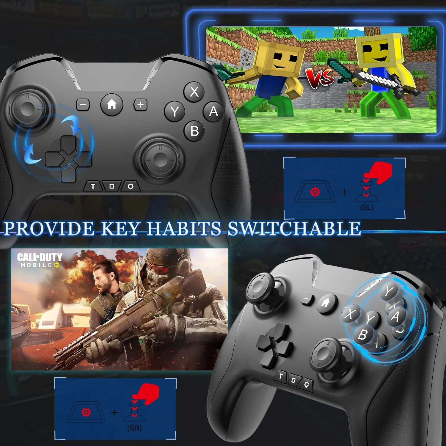 Bluetooth Controller for Switch/Mac/PC/Steam/Mobile Phone/iOS/Android//TV/iPad/Table/Apple Arcade MFi Games, switch pro controller wireless with Adjustable Dual Motion,Turbo,Macros,6-Axis,Wake Up for Black Myth: Wukong (Black) (Purple) (Black with Clip)