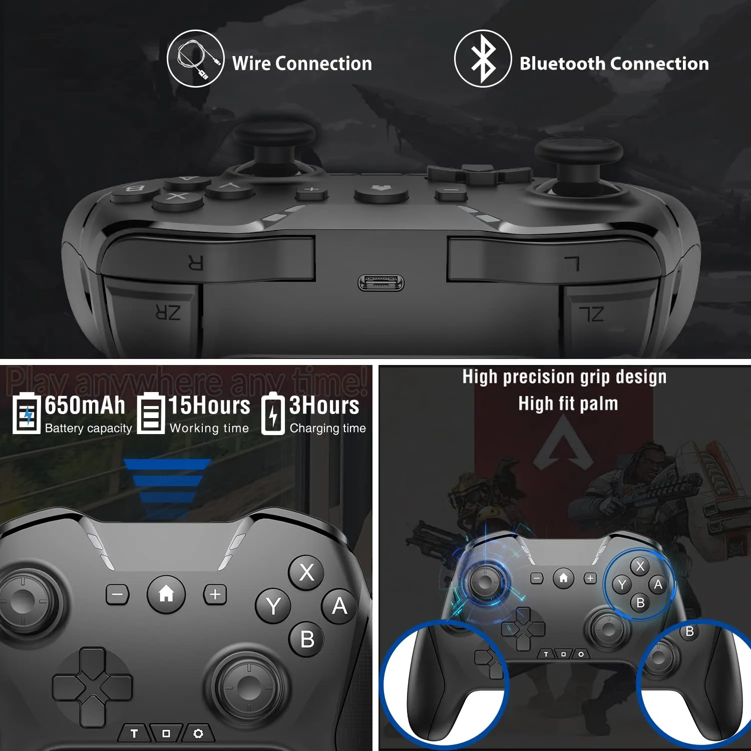Bluetooth Controller for Switch/Mac/PC/Steam/Mobile Phone/iOS/Android//TV/iPad/Table/Apple Arcade MFi Games, switch pro controller wireless with Adjustable Dual Motion,Turbo,Macros,6-Axis,Wake Up for Black Myth: Wukong (Black) (Purple) (Black with Clip)