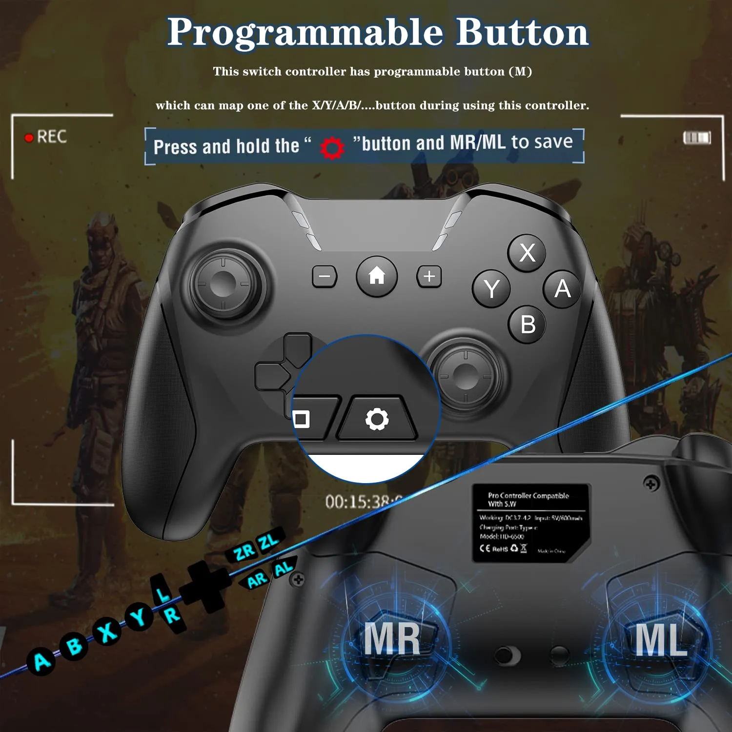 Bluetooth Controller for Switch/Mac/PC/Steam/Mobile Phone/iOS/Android//TV/iPad/Table/Apple Arcade MFi Games, switch pro controller wireless with Adjustable Dual Motion,Turbo,Macros,6-Axis,Wake Up for Black Myth: Wukong (Black) (Purple) (Black with Clip)