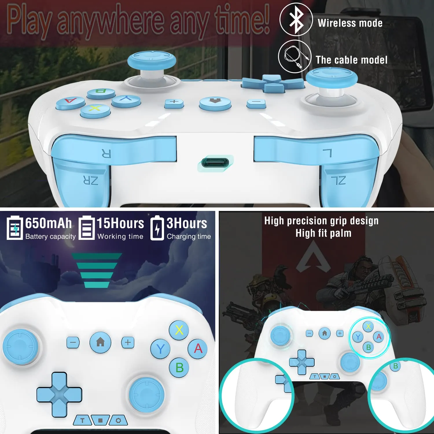 Bluetooth Controller for Switch/Mac/PC/Steam/Mobile Phone/iOS/Android//TV/iPad/Table/Apple Arcade MFi Games, switch pro controller wireless with Adjustable Dual Motion,Turbo,Macros,6-Axis,Wake Up for Black Myth: Wukong (Black) (Purple) (Blue with Clip)