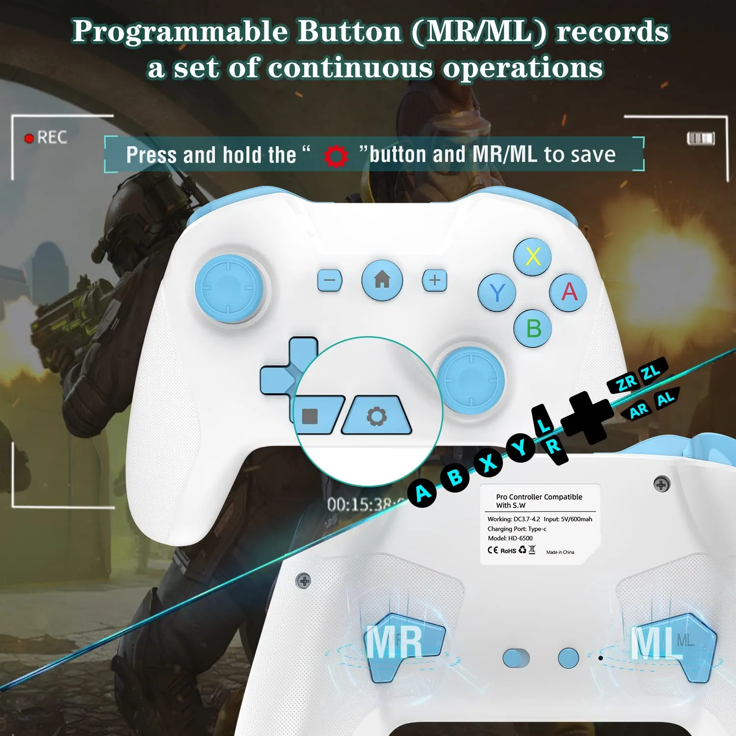 Bluetooth Controller for Switch/Mac/PC/Steam/Mobile Phone/iOS/Android//TV/iPad/Table/Apple Arcade MFi Games, switch pro controller wireless with Adjustable Dual Motion,Turbo,Macros,6-Axis,Wake Up for Black Myth: Wukong (Black) (Purple) (Blue with Clip)