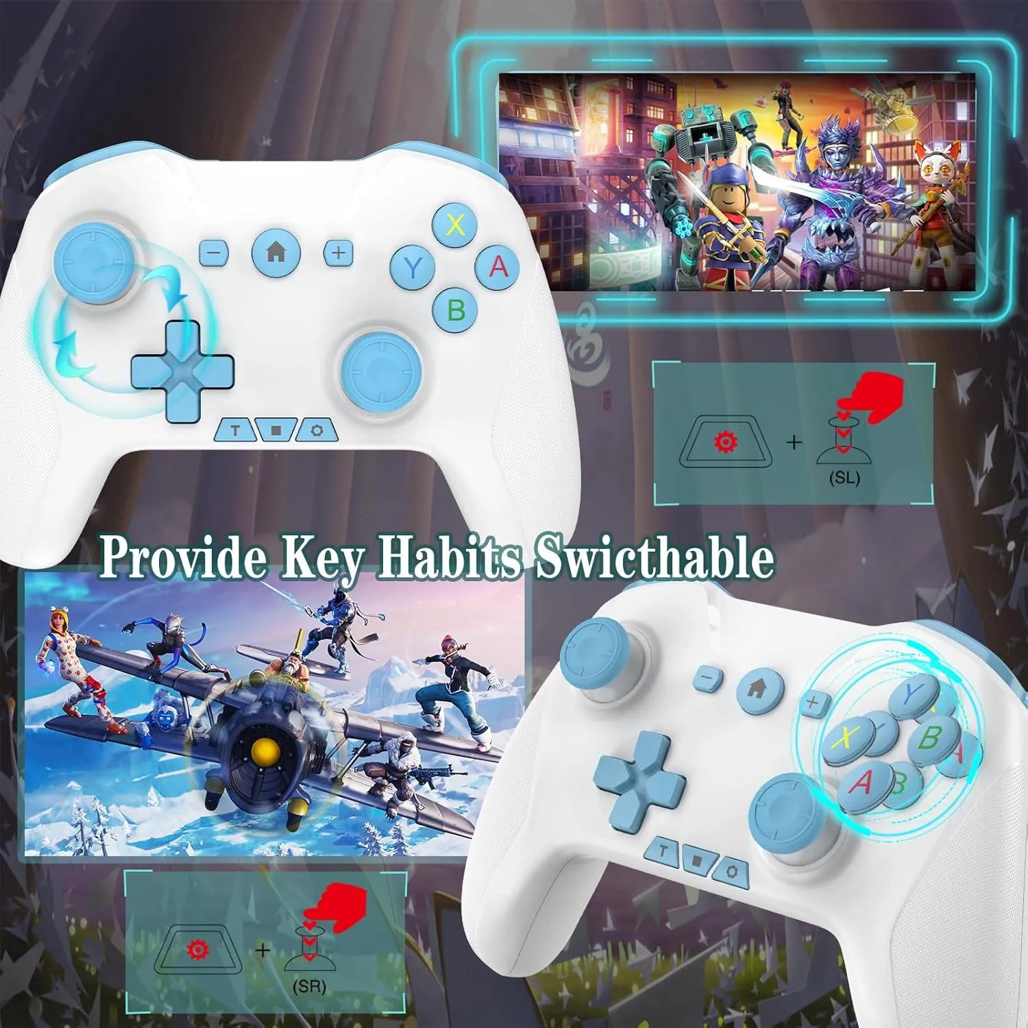 Bluetooth Controller for Switch/Mac/PC/Steam/Mobile Phone/iOS/Android//TV/iPad/Table/Apple Arcade MFi Games, switch pro controller wireless with Adjustable Dual Motion,Turbo,Macros,6-Axis,Wake Up for Black Myth: Wukong (Black) (Purple) (Blue with Clip)