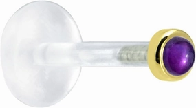 Body Candy Solid 14k Yellow Gold 2mm Genuine Amethyst Bioplast Push in Labret 16 Gauge 3/8"