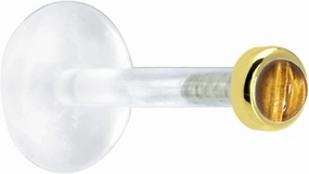 Body Candy Solid 14k Yellow Gold 2mm Genuine Tiger Eye Bioplast Push in Labret 16 Gauge 5/16"