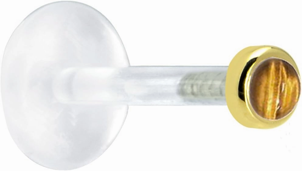 Body Candy Solid 14k Yellow Gold 2mm Genuine Tiger Eye Bioplast Push in Labret 16 Gauge 5/16"