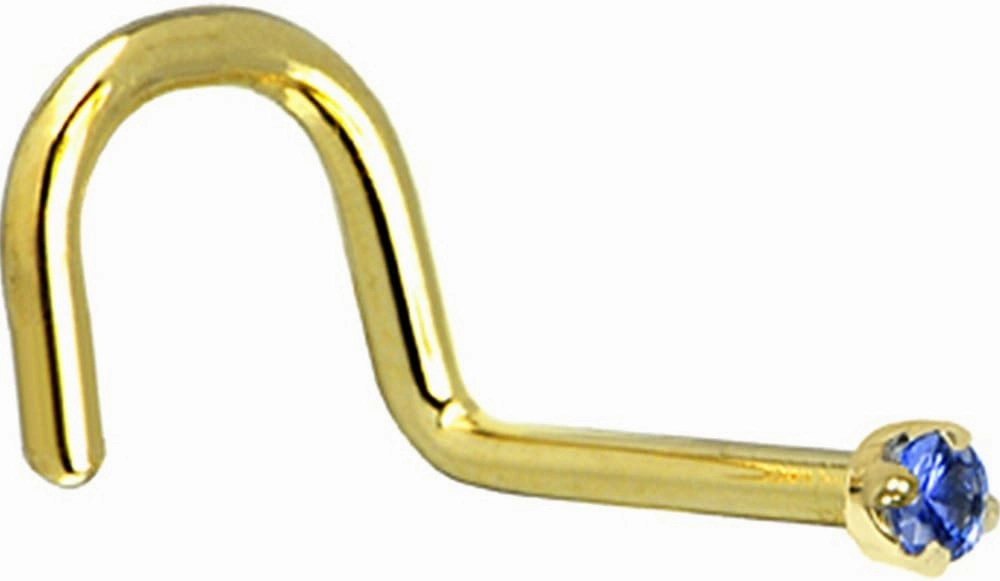 Body Candy Solid 18k Yellow Gold 1.5mm Genuine Blue Sapphire Right Nose Stud Screw 20 Gauge 1/4"