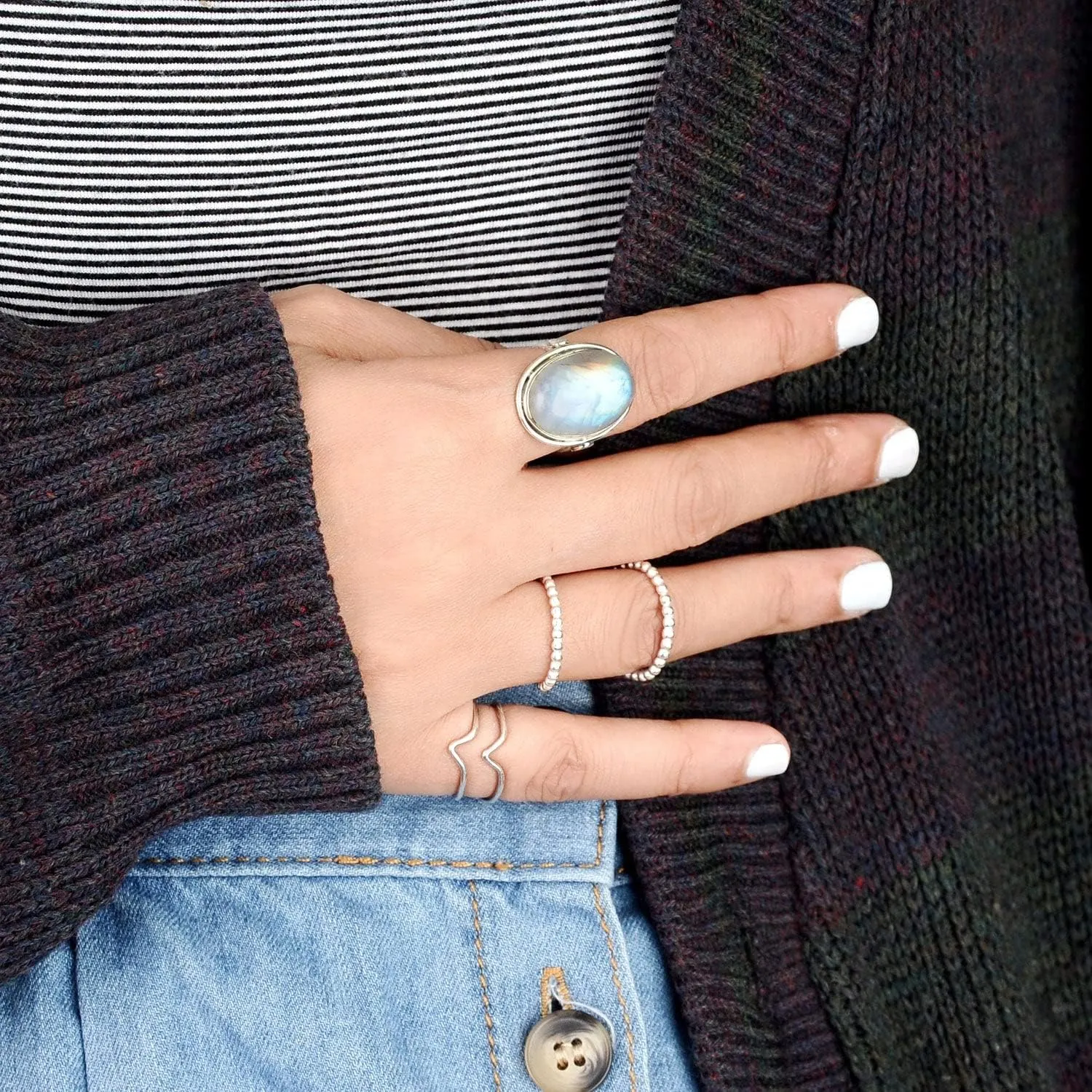 Boho-Magic Sterling Silver Moonstone Ring for Women Oval Gemstone Boho jewelry