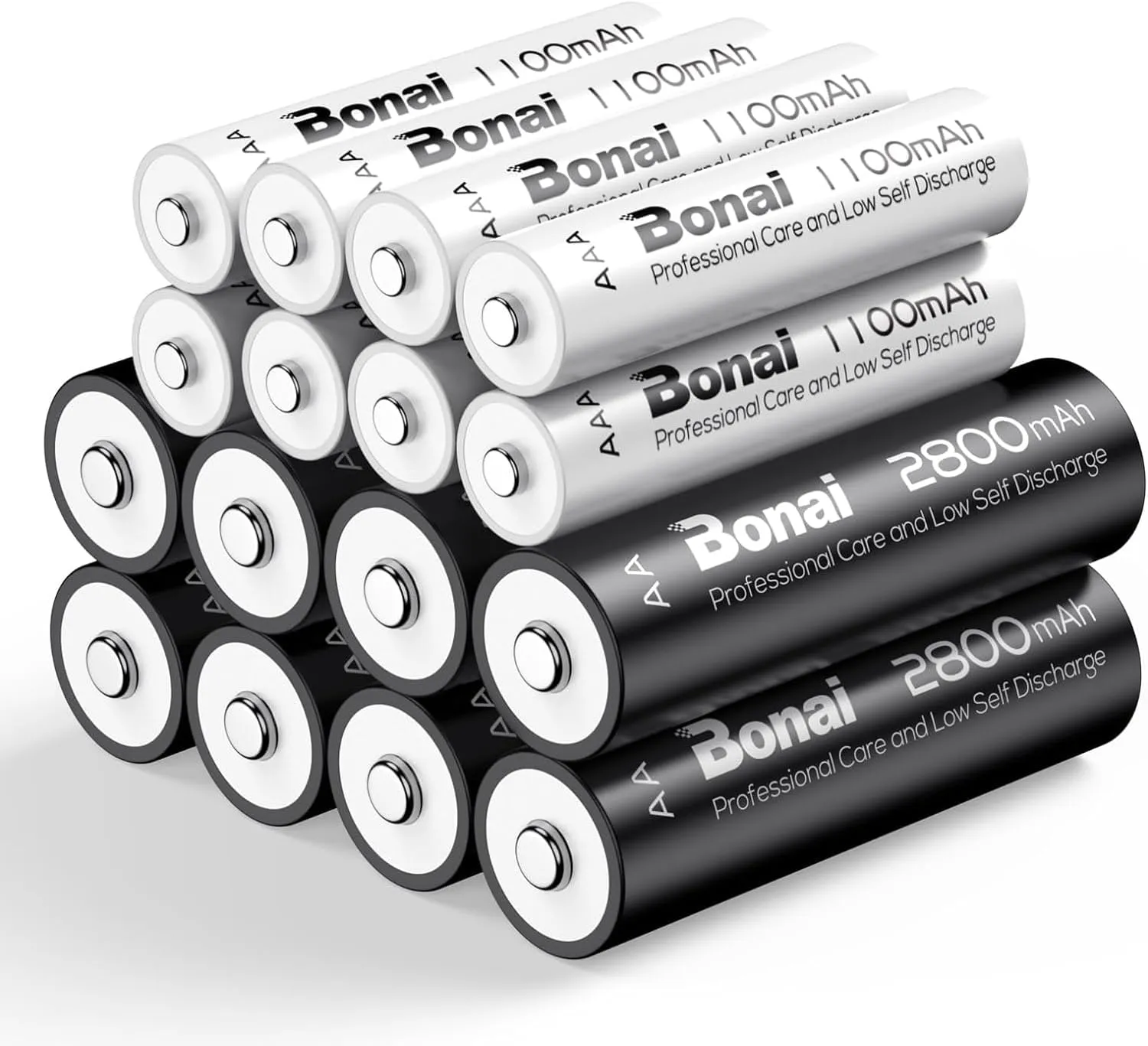 BONAI Rechargeable AA AAA Battery Combo,High Capacity 8PCS 2800mAh AA and 8PCS AAA 1100mAh NiMH Batteries Low Self-Discharge