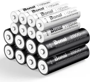 BONAI Rechargeable AA AAA Battery Combo,High Capacity 8PCS 2800mAh AA and 8PCS AAA 1100mAh NiMH Batteries Low Self-Discharge