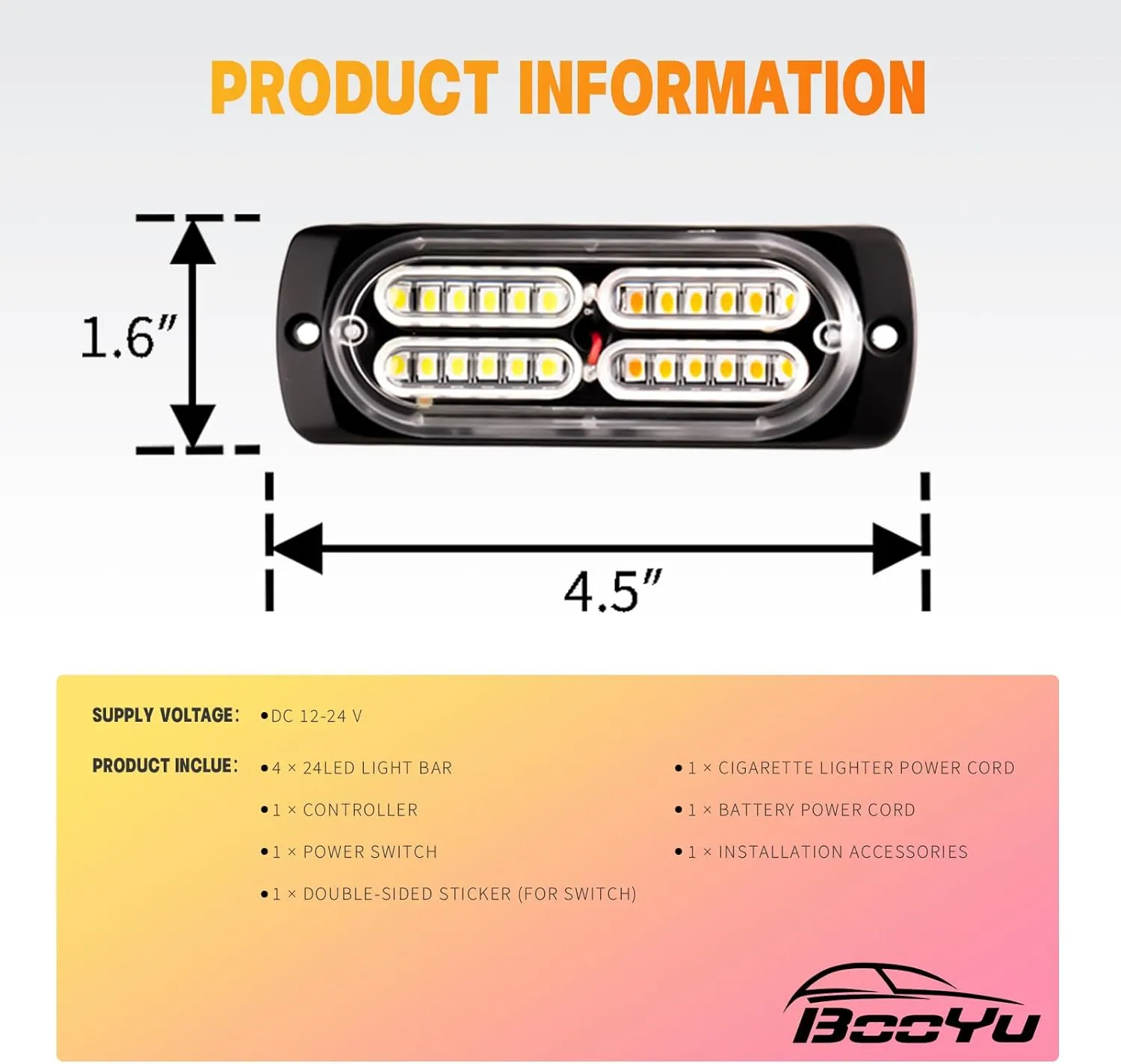 BooYu 4-pcs Sync Feature LED Emergency Strobe Lights Ultra Slim Grille Surface Mount Flashing Warning Hazard Light Bar w/Controller for Construction, Firefighter, Trucks, Vehicles, Car (Amber/White)