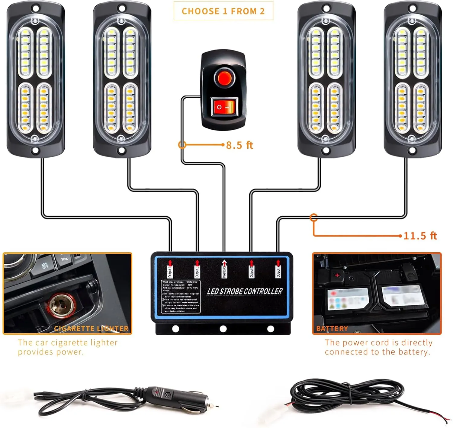 BooYu 4-pcs Sync Feature LED Emergency Strobe Lights Ultra Slim Grille Surface Mount Flashing Warning Hazard Light Bar w/Controller for Construction, Firefighter, Trucks, Vehicles, Car (Amber/White)
