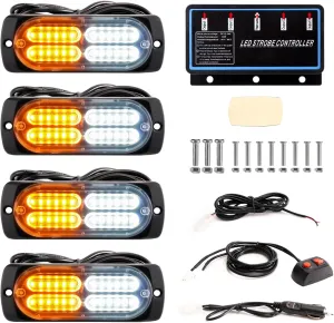 BooYu 4-pcs Sync Feature LED Emergency Strobe Lights Ultra Slim Grille Surface Mount Flashing Warning Hazard Light Bar w/Controller for Construction, Firefighter, Trucks, Vehicles, Car (Amber/White)