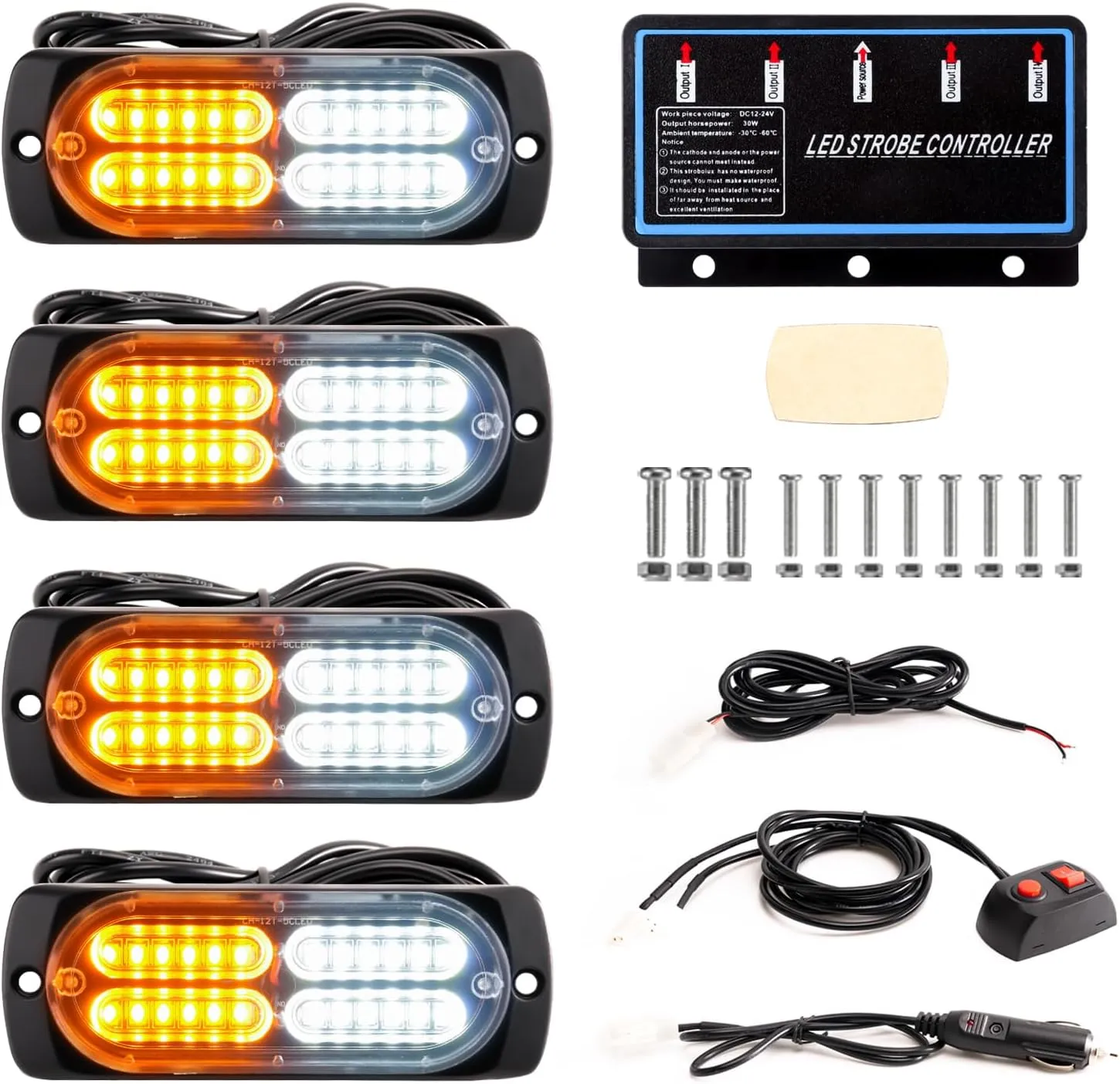 BooYu 4-pcs Sync Feature LED Emergency Strobe Lights Ultra Slim Grille Surface Mount Flashing Warning Hazard Light Bar w/Controller for Construction, Firefighter, Trucks, Vehicles, Car (Amber/White)