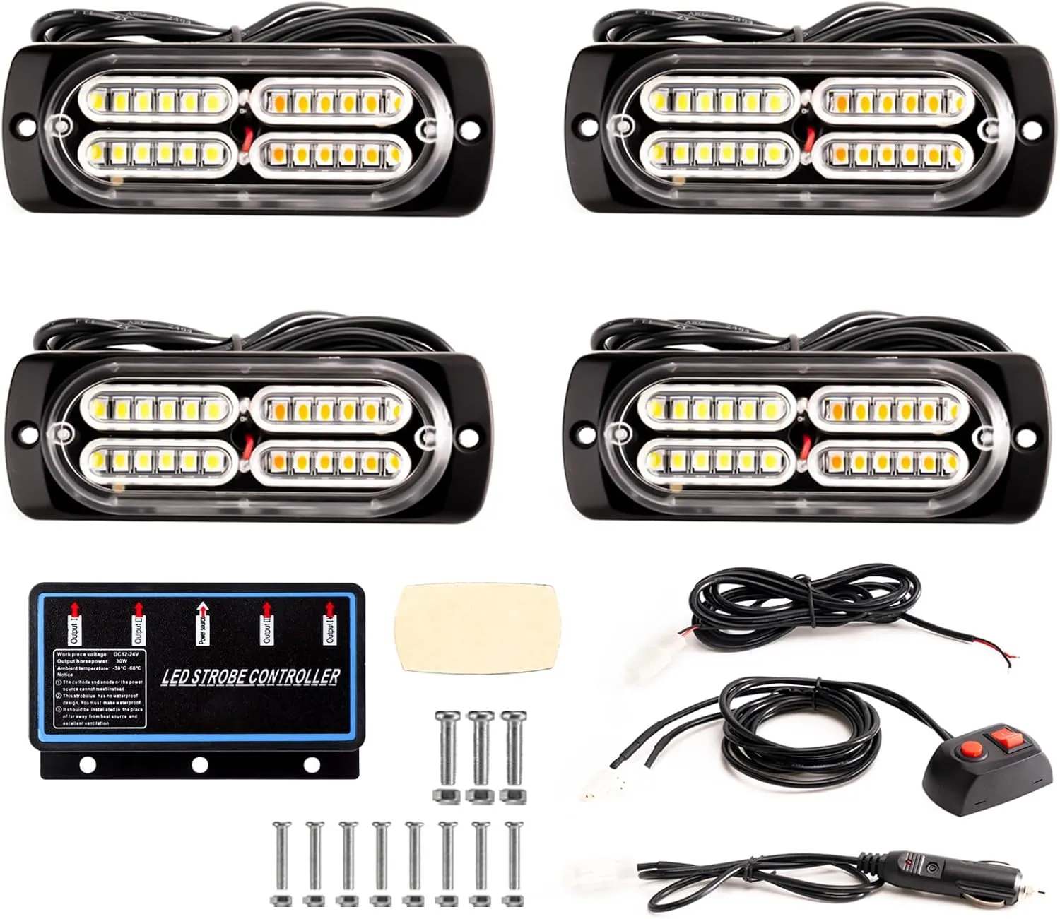 BooYu 4-pcs Sync Feature LED Emergency Strobe Lights Ultra Slim Grille Surface Mount Flashing Warning Hazard Light Bar w/Controller for Construction, Firefighter, Trucks, Vehicles, Car (Amber/White)
