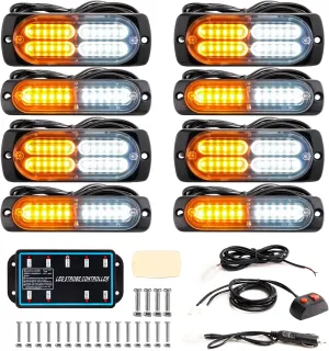 BooYu 8-pcs Sync Feature LED Emergency Strobe Lights Ultra Slim Grille Surface Mount Flashing Warning Hazard Light Bar w/Controller for Construction, Firefighter, Trucks, Vehicles, Car (Amber/White)