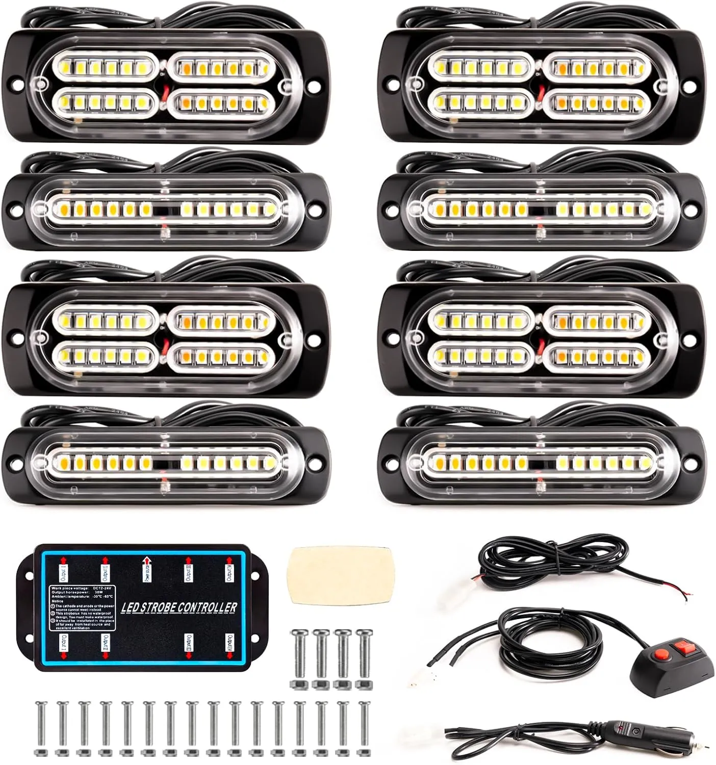 BooYu 8-pcs Sync Feature LED Emergency Strobe Lights Ultra Slim Grille Surface Mount Flashing Warning Hazard Light Bar w/Controller for Construction, Firefighter, Trucks, Vehicles, Car (Amber/White)