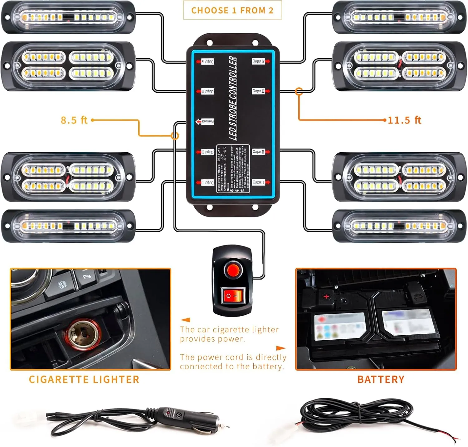 BooYu 8-pcs Sync Feature LED Emergency Strobe Lights Ultra Slim Grille Surface Mount Flashing Warning Hazard Light Bar w/Controller for Construction, Firefighter, Trucks, Vehicles, Car (Amber/White)