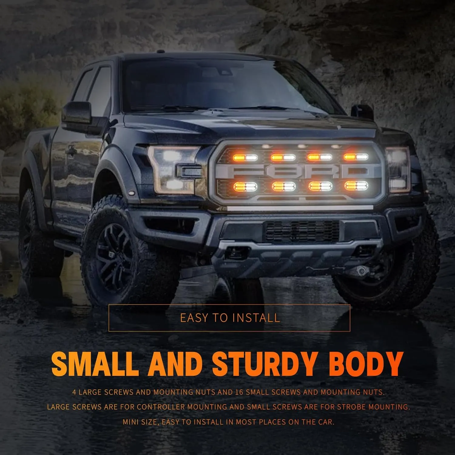 BooYu 8-pcs Sync Feature LED Emergency Strobe Lights Ultra Slim Grille Surface Mount Flashing Warning Hazard Light Bar w/Controller for Construction, Firefighter, Trucks, Vehicles, Car (Amber/White)
