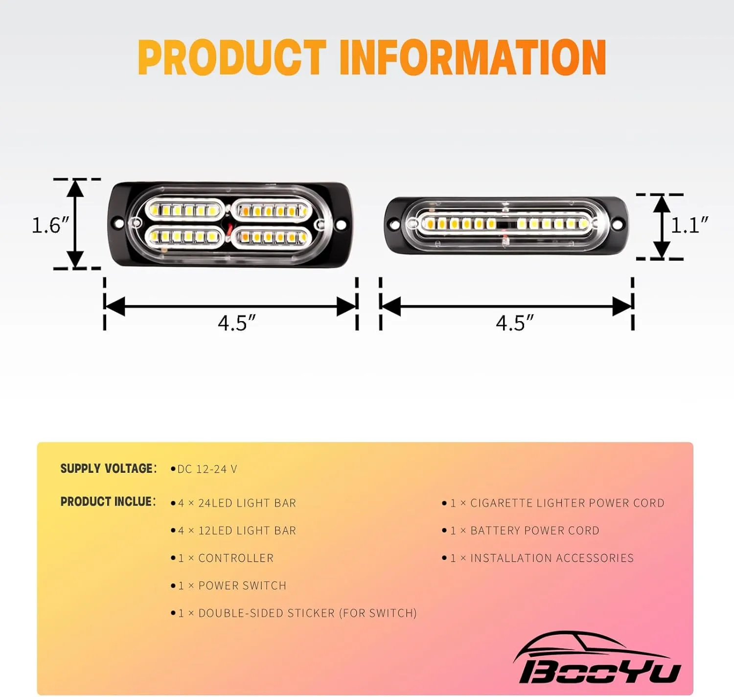 BooYu 8-pcs Sync Feature LED Emergency Strobe Lights Ultra Slim Grille Surface Mount Flashing Warning Hazard Light Bar w/Controller for Construction, Firefighter, Trucks, Vehicles, Car (Amber/White)