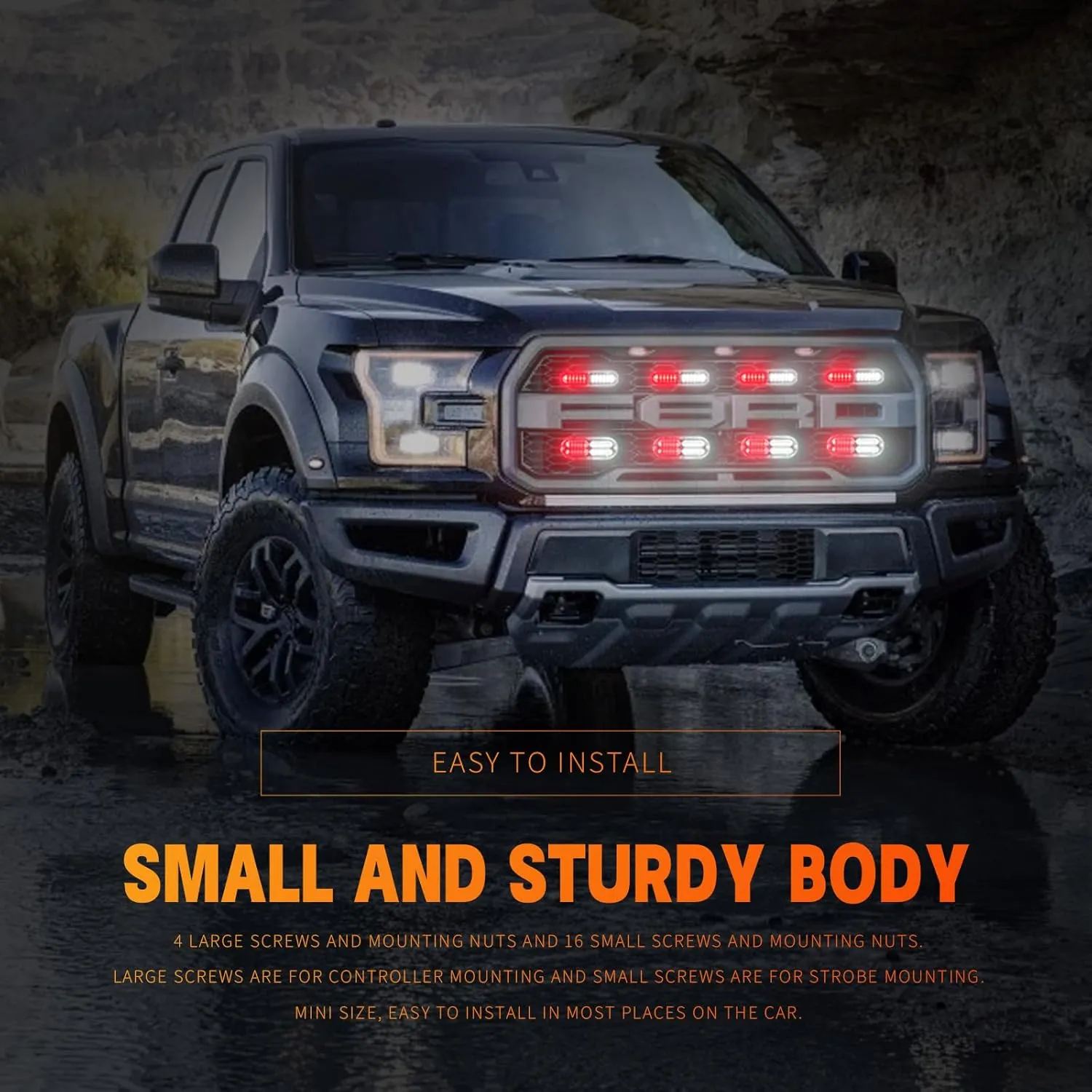 BooYu 8-pcs Sync Feature LED Emergency Strobe Lights Ultra Slim Grille Surface Mount Flashing Warning Hazard Light Bar w/Controller for Construction, Firefighter, Trucks, Vehicles, Car (Red/White)