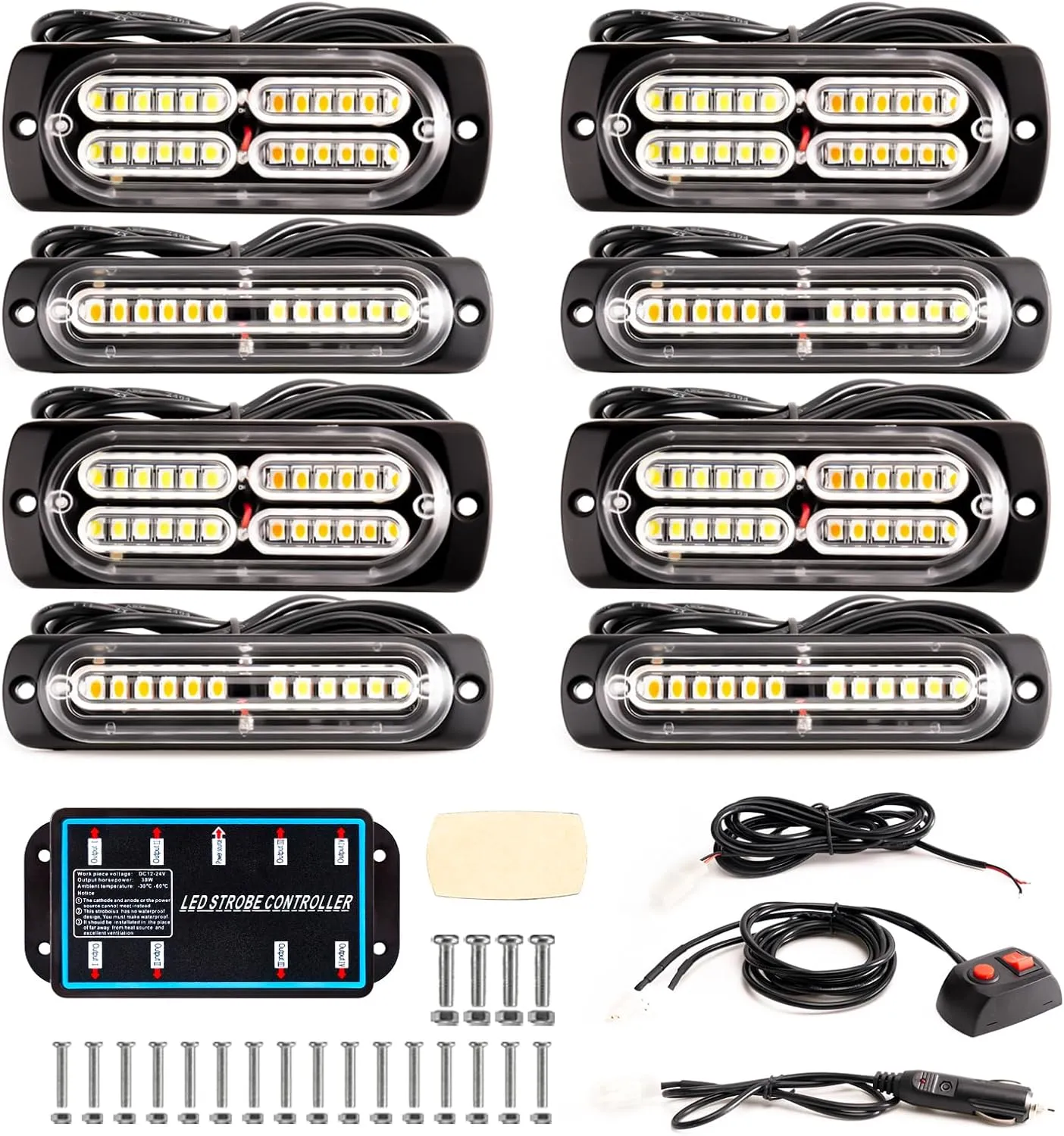 BooYu 8-pcs Sync Feature LED Emergency Strobe Lights Ultra Slim Grille Surface Mount Flashing Warning Hazard Light Bar w/Controller for Construction, Firefighter, Trucks, Vehicles, Car (Red/White)