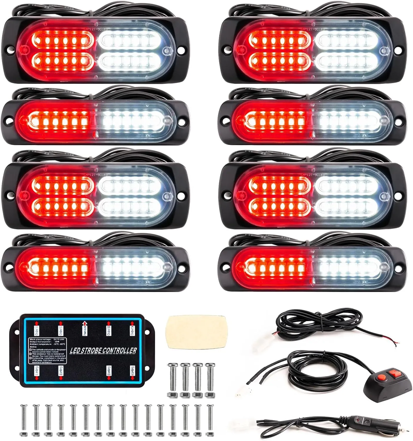 BooYu 8-pcs Sync Feature LED Emergency Strobe Lights Ultra Slim Grille Surface Mount Flashing Warning Hazard Light Bar w/Controller for Construction, Firefighter, Trucks, Vehicles, Car (Red/White)