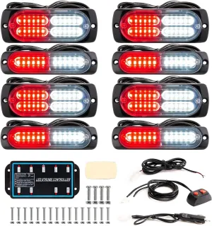 BooYu 8-pcs Sync Feature LED Emergency Strobe Lights Ultra Slim Grille Surface Mount Flashing Warning Hazard Light Bar w/Controller for Construction, Firefighter, Trucks, Vehicles, Car (Red/White)