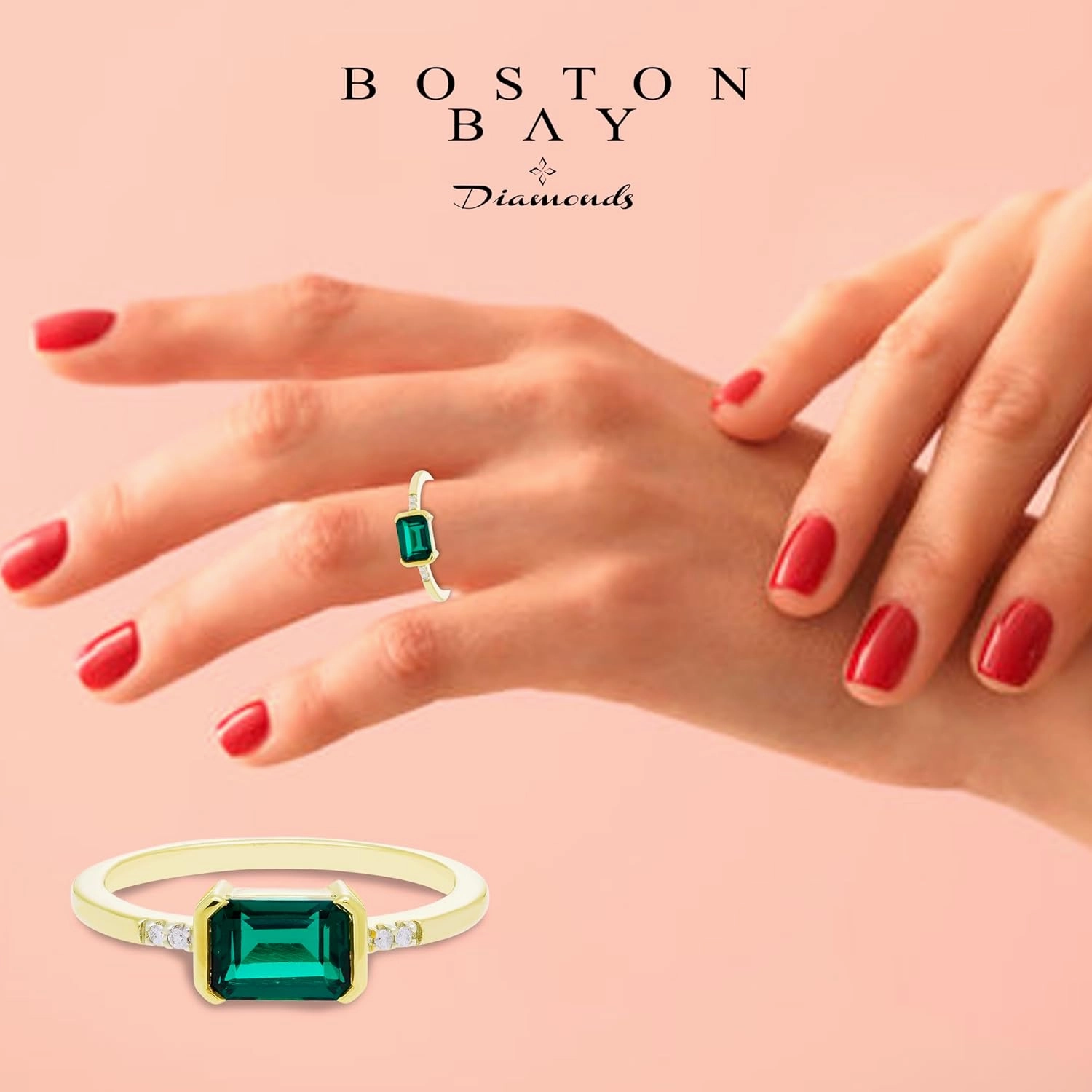 Boston Bay Diamonds 14K Yellow Gold Plated or Rhodium Plated 925 Sterling Silver Diamond and East-West 7x5mm Emerald Cut Gemstone Statement Solitaire Ring