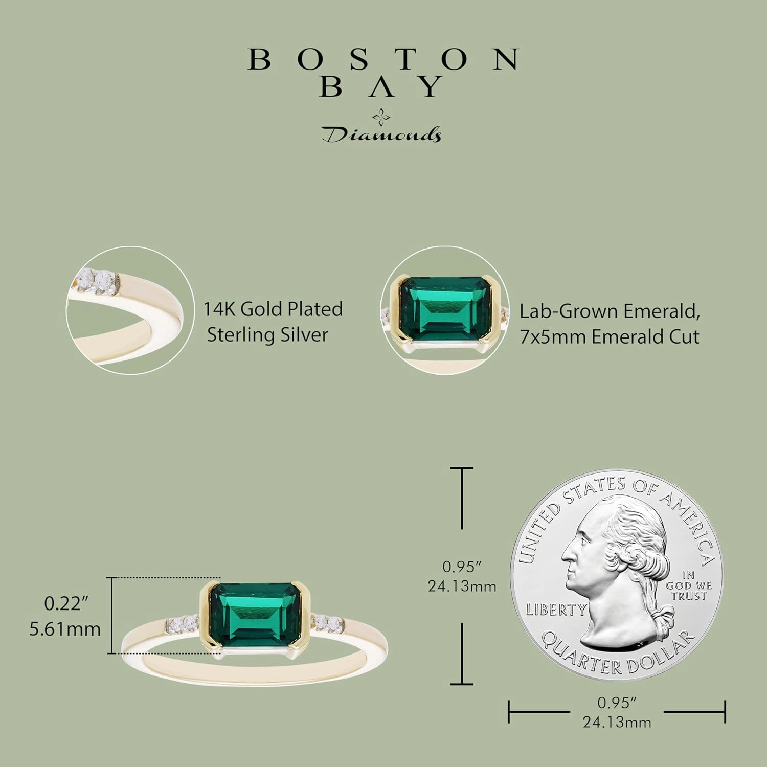 Boston Bay Diamonds 14K Yellow Gold Plated or Rhodium Plated 925 Sterling Silver Diamond and East-West 7x5mm Emerald Cut Gemstone Statement Solitaire Ring