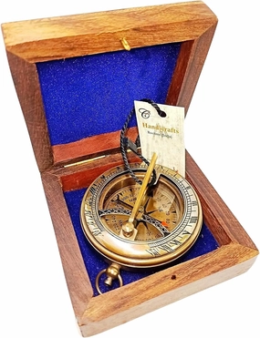 Brass Antique Sundial Compass | Come with Wood Case | Push Button Open Sundial Compass | Antique Brass Finish | Handmade Compass ' Brass Nautical Sundial Compass by DOLLOND London