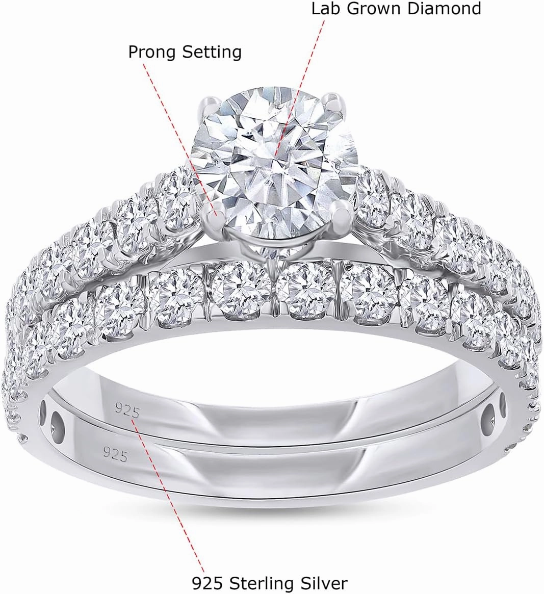 Bridal Ring Set For Women, 2.00 Carat Round Lab Grown Diamond Engagement Wedding Rings Set In 14K Gold Over Sterling Silver Jewelry Gifts For Her (2.00 Cttw)