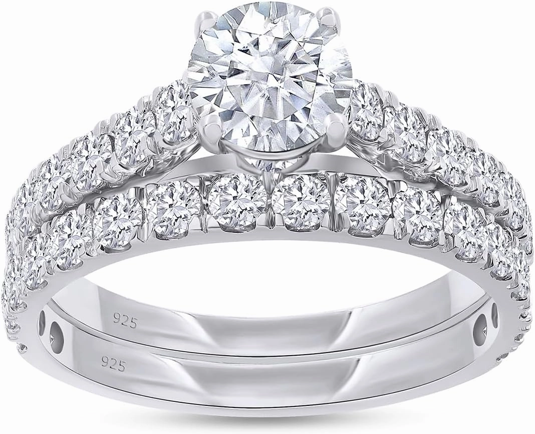Bridal Ring Set For Women, 2.00 Carat Round Lab Grown Diamond Engagement Wedding Rings Set In 14K Gold Over Sterling Silver Jewelry Gifts For Her (2.00 Cttw)