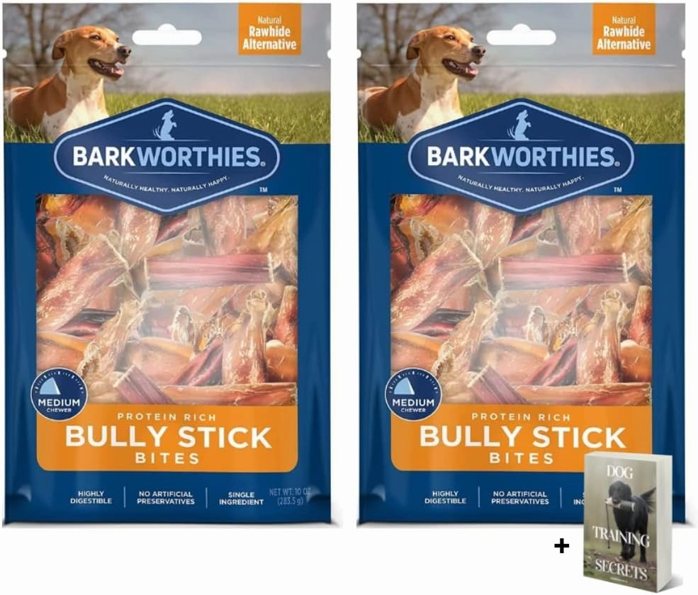 Bully Stick Bites - 2 Pack for Barkworthies Protein Rich All Natural Dog Treats for Small to Large Breeds - Grain Free, Rawhide Free, Long Lasting Chews, Dog Training Dental Chews with E-Book