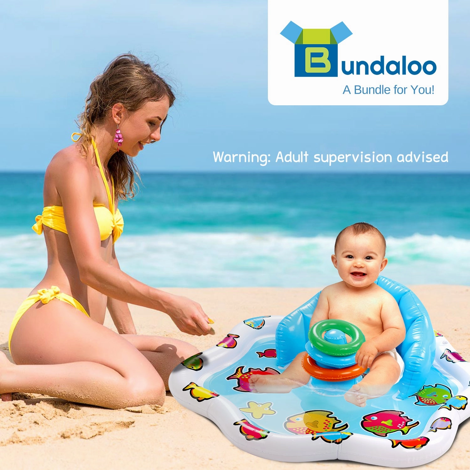 Bundaloo Infant Pool Splash Mat Inflatable with Backrest & Stackable Ring Toys