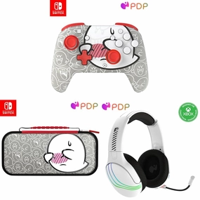 Bundle of PDP REMATCH GLOW Wireless Nintendo Switch Pro Controller: Boo Hoo with Motion   Boo Hoo Travel Case Plus (Glow in the Dark)   PDP Afterglow Wave Wireless Headset Bluetooth Compatible, White