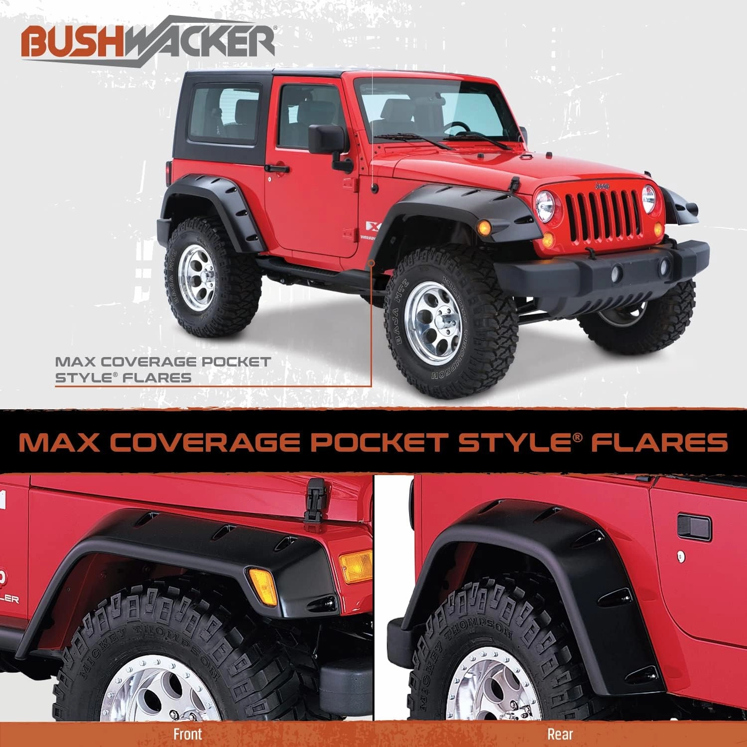 Bushwacker Max Coverage Pocket/Rivet Style Front & Rear Fender Flares | 4-Piece Set, Black, Smooth Finish | 50921-02 | Fits 2010-2018 Dodge Ram 2500, 3500 (Includes Dually)