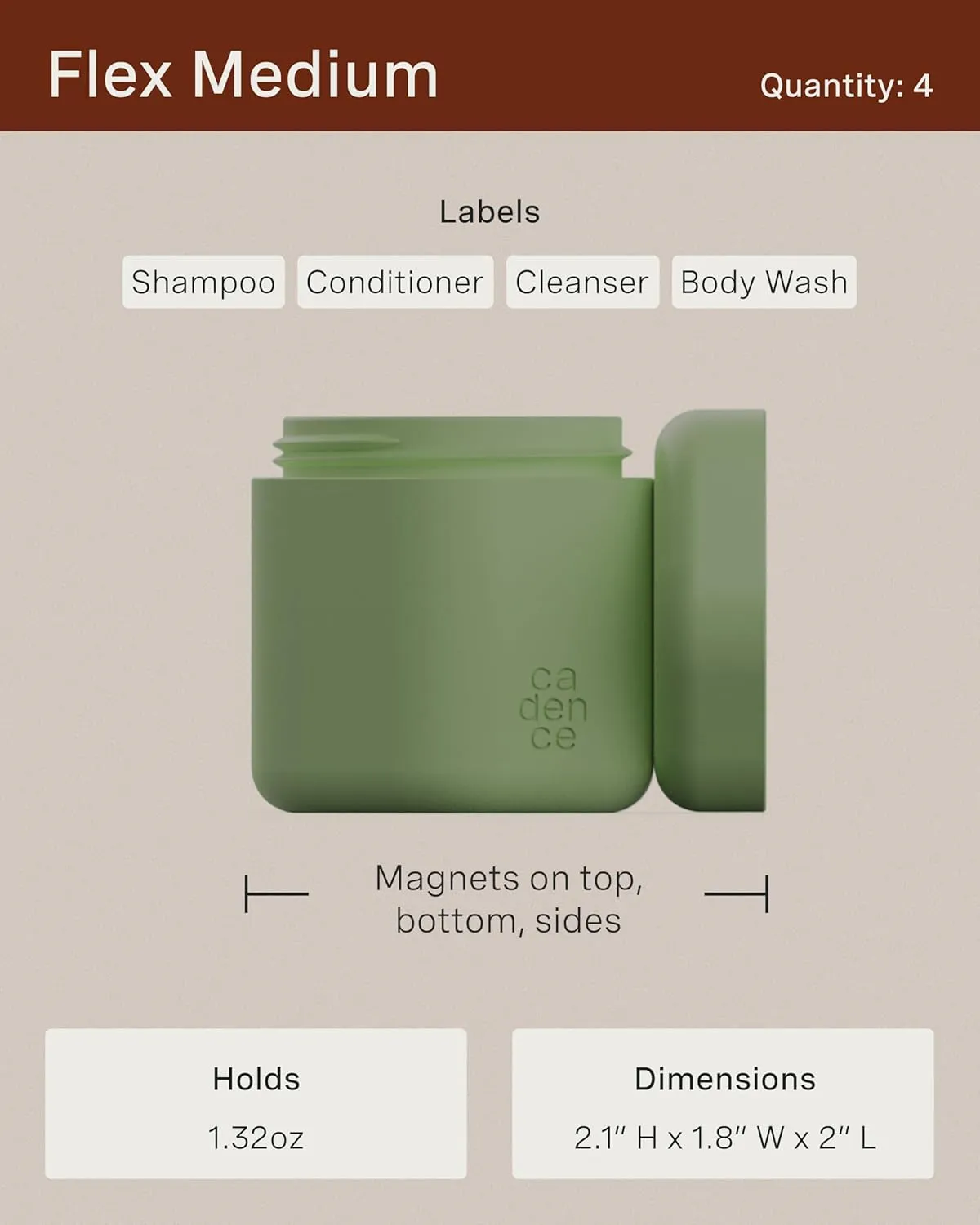 Cadence Travel Containers - Daily Routine Capsule Set - Magnetic Containers with Lids,4 Flex Mediums (1.32oz) & 3 Flex Smalls (0.56oz) - Shampoo, Conditioner, Body Wash, Pills, & More - Charcoal