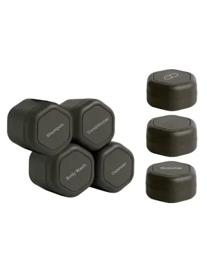Cadence Travel Containers - Daily Routine Capsule Set - Magnetic Containers with Lids,4 Flex Mediums (1.32oz) & 3 Flex Smalls (0.56oz) - Shampoo, Conditioner, Body Wash, Pills, & More - Charcoal