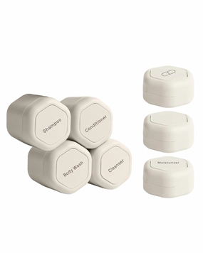 Cadence Travel Containers - Daily Routine Capsule Set - Magnetic Containers with Lids,4 Flex Mediums (1.32oz) & 3 Flex Smalls (0.56oz) - Shampoo, Conditioner, Body Wash, Pills, & More - Sand