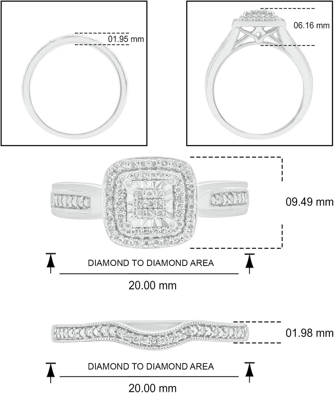 Cali Trove 1/5ct Natural Black & White Diamond Bridal Ring Set for Women | 925 Sterling Silver Square Halo Wedding & Engagement Ring | Diamond Promise Rings for Her in White Gold | Mother's Day Gifts